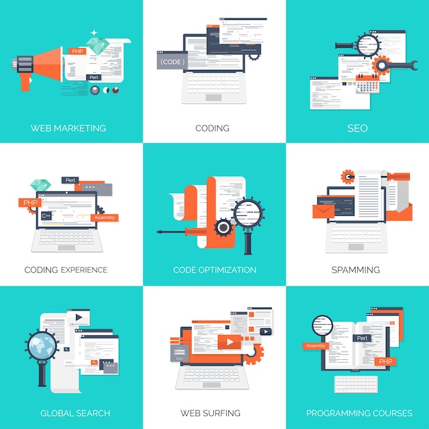 Vector illustration flat computing background programming coding web development and search seo