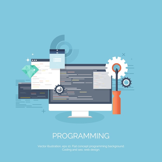 Vector illustration flat computing background programming coding web development and search seo