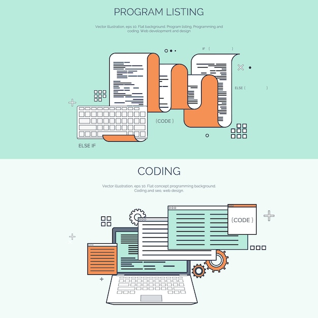 Vector illustration flat computing background programming coding web development and search seo