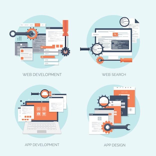 Vector illustration flat computing background programming coding web development and search seo