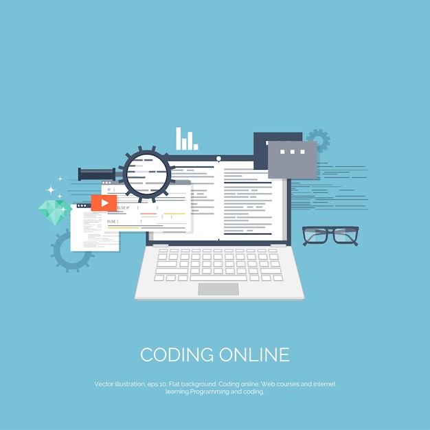 Vector illustration flat computing background programming coding web development and search seo