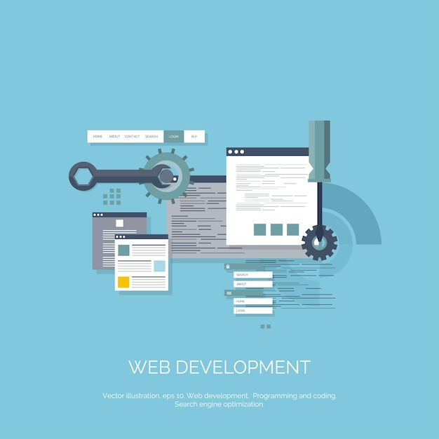 Vector illustration flat computing background programming coding web development and search seo