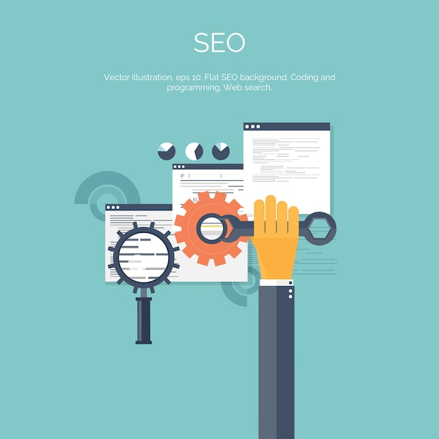 Vector illustration flat computing background programming coding web development and search seo