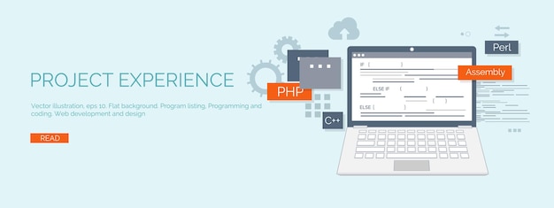 Vector illustration flat computing background programming coding web development search engine