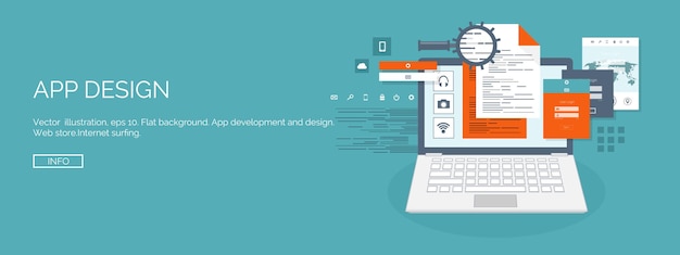 Vector illustration flat computing background programming coding web development search engine
