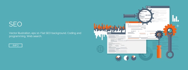 Vector illustration flat computing background programming coding web development search engine