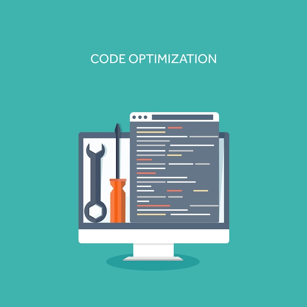 Vector illustration Flat computing background Programming coding Web development search Search engine optimization Innovation technologies Mobile app