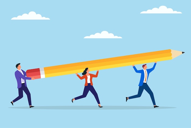 vector illustration group of business people carrying a giant pencil symbolizing united creativity collaborative efforts in strategic planning and responsibility for creating innovative business