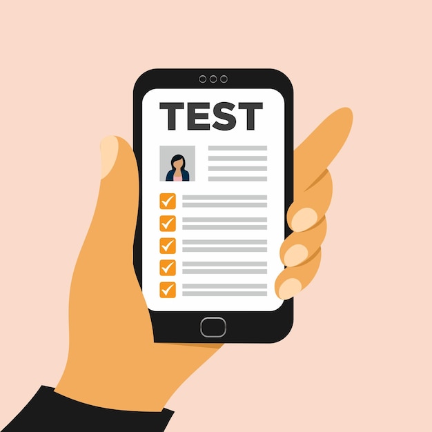 Vector illustration hand holding smartphone with test application paper sheet on screen