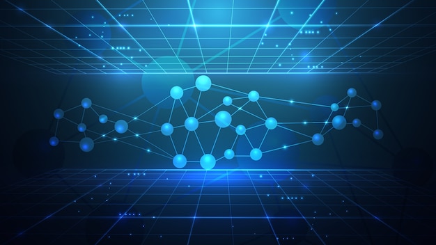 Vector illustration of a crystal lattice of atoms and particles.