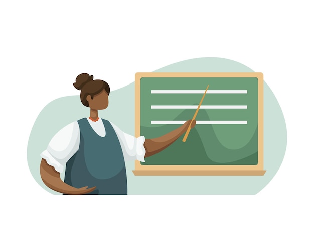 Vector illustration of a female teacher explaining the material at the blackboard Flat style
