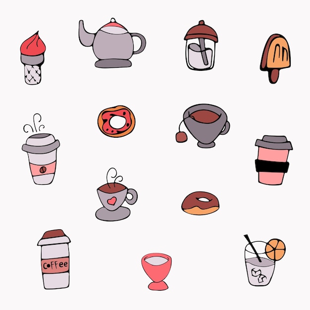 Vector illustration of a food set Cups of coffee kettle donuts ice cream cocktail