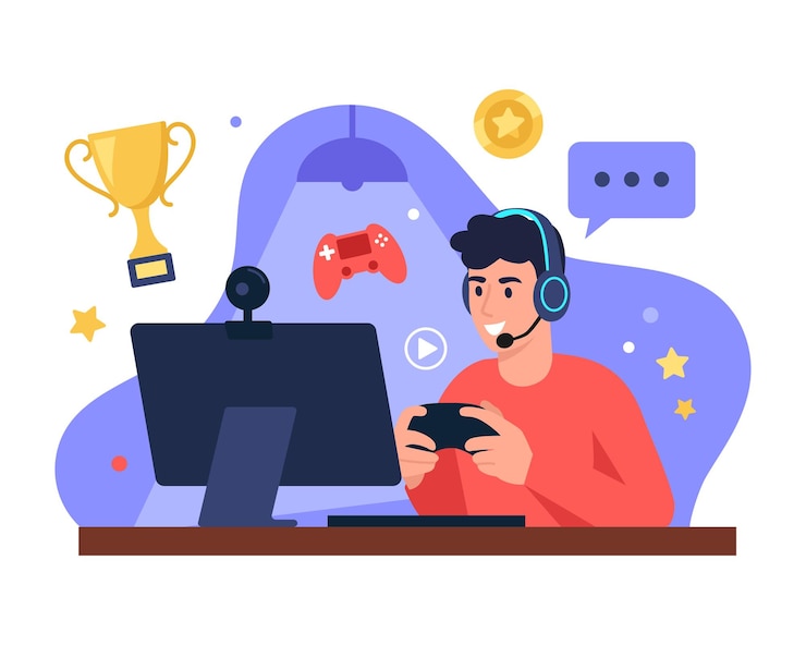 Vektor vector illustration of a guy playing video games cartoon scenes with a smiling guy sitting in headphones at a computer holding a joystick and playing video games will receive awards pass levels