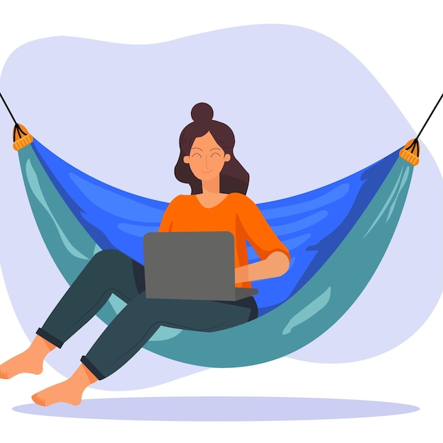 vector illustration of a person sitting on a hammock and working on a computer