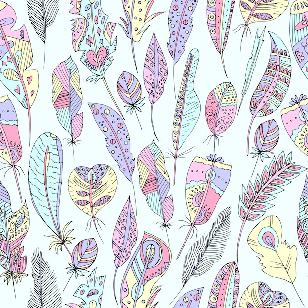 Vector illustration of a seamless multicolored pattern of feathers of birds