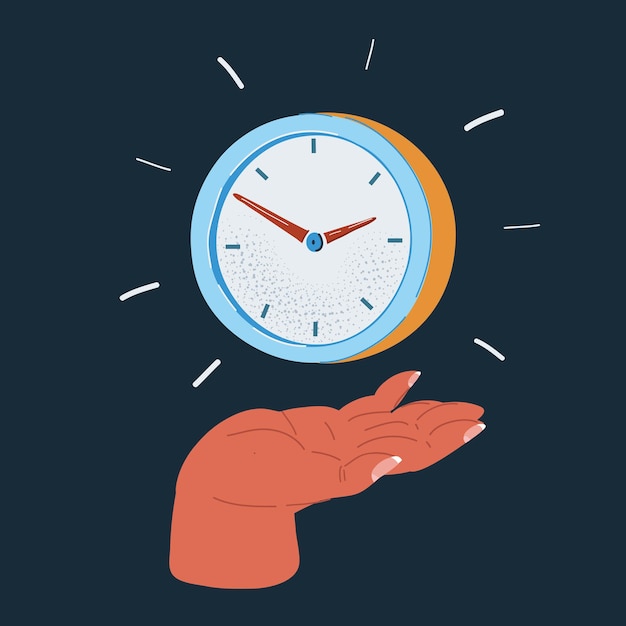 Vector illustration of clock on hand over dark backround