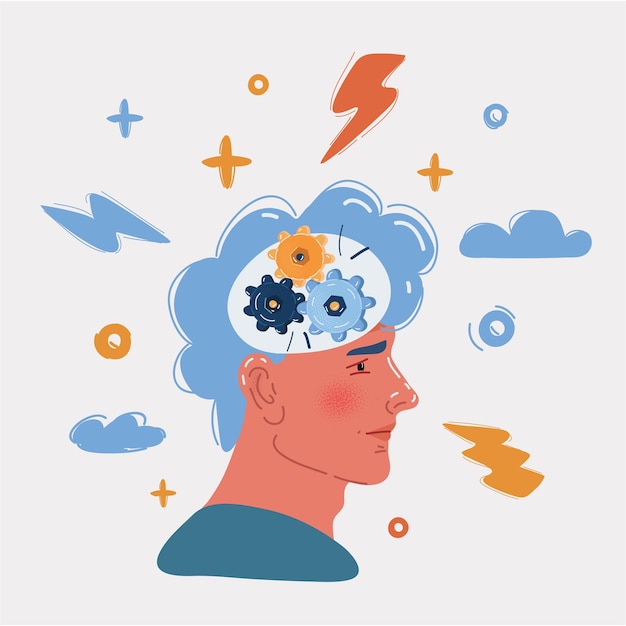 Vector illustration of cogs or gears in human head Brain work and thinking process concept