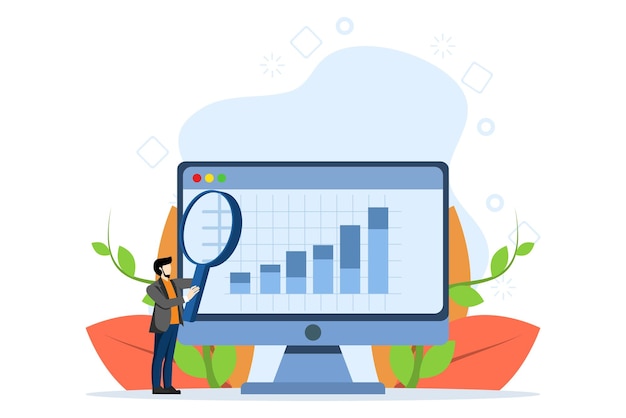 vector illustration of company growth concept with businessman and magnifying glass analyzing graphs