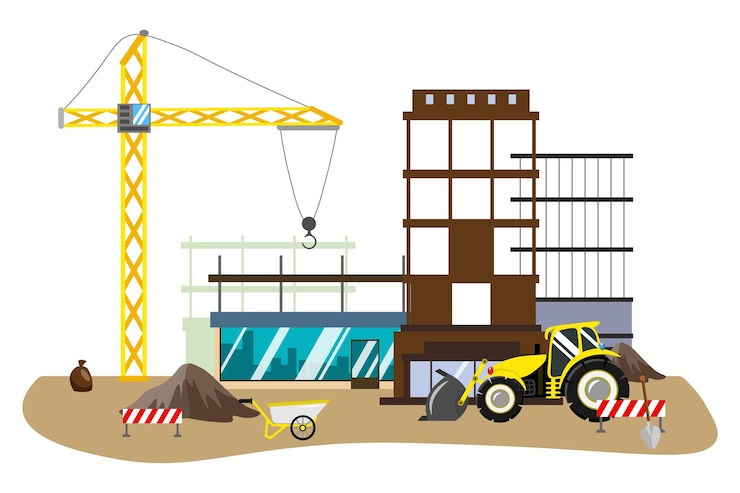 Vektor vector illustration of construction process cartoon scene of the construction of a modern house with a frame a lifting crane a tractor a wheelbarrow a shovel and piles of construction materials
