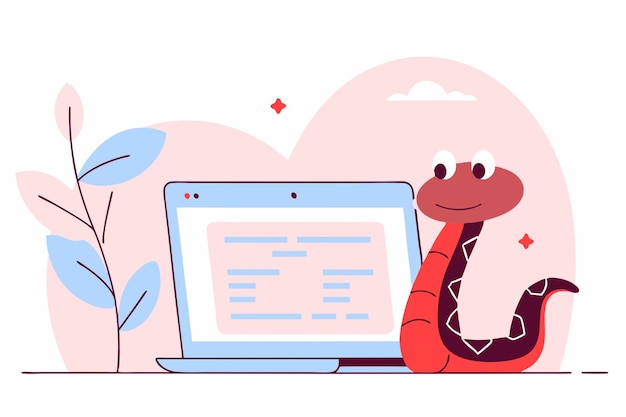 vector illustration of cute python coding on the laptop