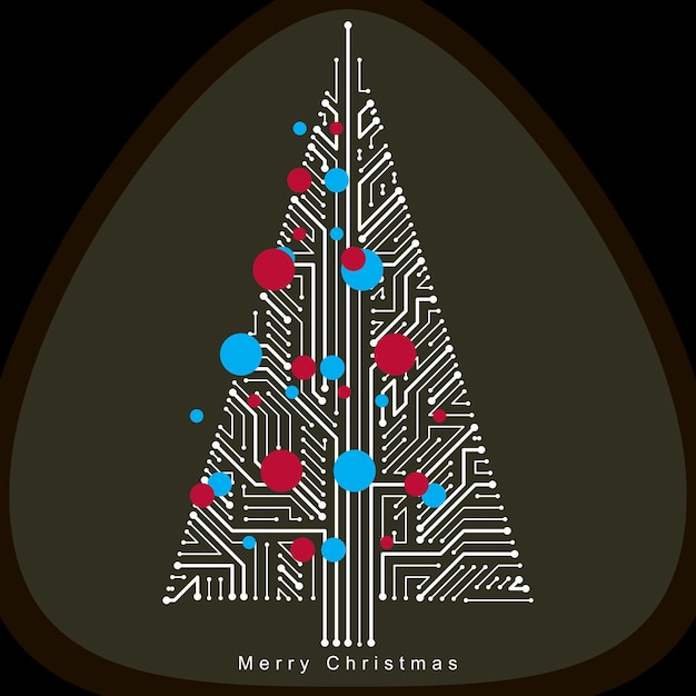 Vector illustration of futuristic evergreen Christmas tree, technology and science conceptual design. Holidays and celebration idea. Technology and nature balance concept.