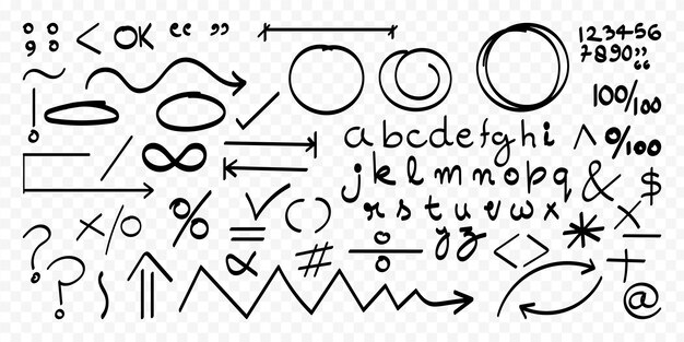 vector illustration of hand drawn arrows shapes alphabets and numbers on transparent background