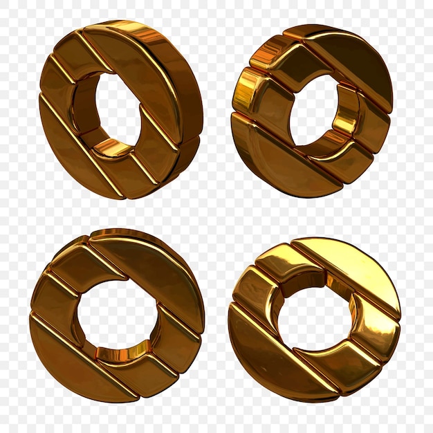 Vector illustration of letters made of gold from different angles. 3d letter O