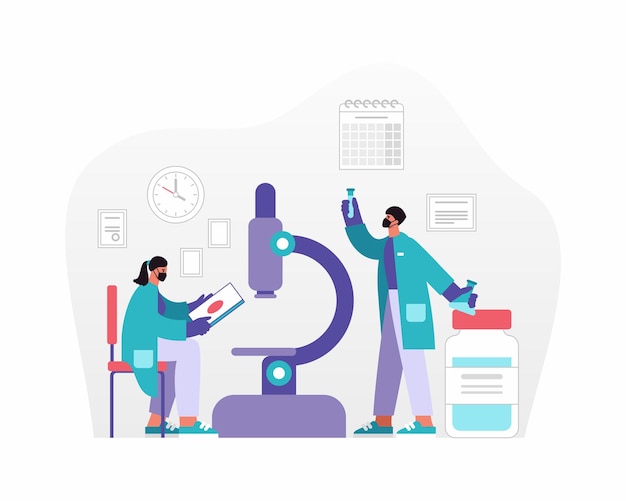 Vector illustration of man and woman in masks analyzing data and samples near microscope while creating remedy in modern laboratory