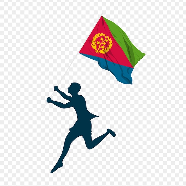 Vector illustration of man running and holding Eritrea flag in hands on transparent background
