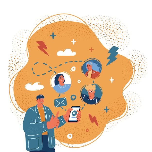Vector illustration of man send message to friends with his smartphone