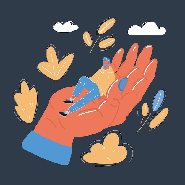 Vector illustration of man sit in ig giant hands Support and control concept