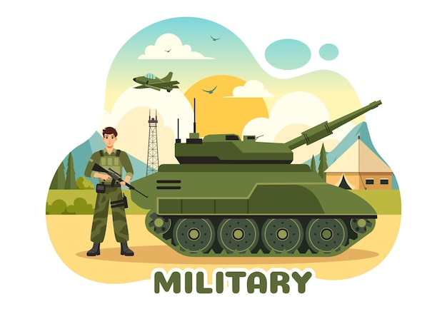 Vector Illustration of Military Army Forces featuring Soldiers Weapons Tanks and Heavy Protective Equipment in a Flat Style Cartoon Background
