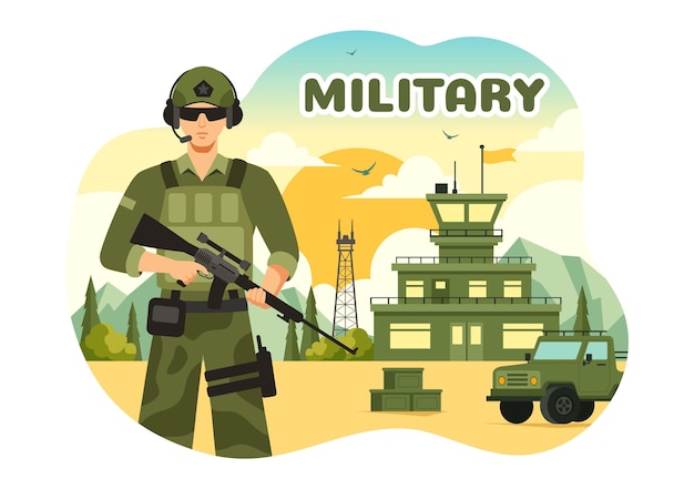Vector Illustration of Military Army Forces featuring Soldiers Weapons Tanks and Heavy Protective Equipment in a Flat Style Cartoon Background