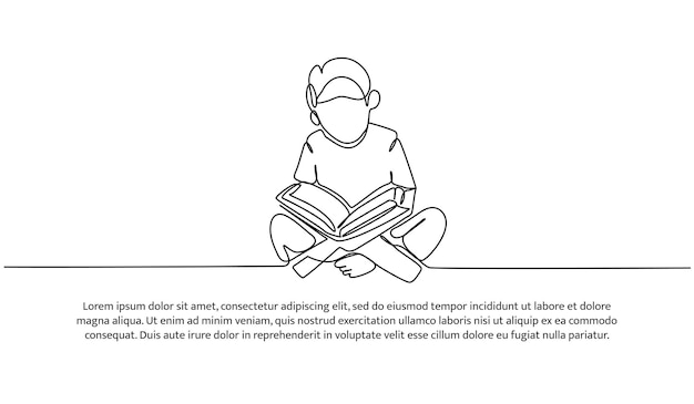 vector illustration of of a little boy reading the alquran modern flat in continuous line style