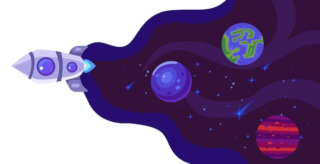 vector illustration of outer space background astronaut rocket launching with space view