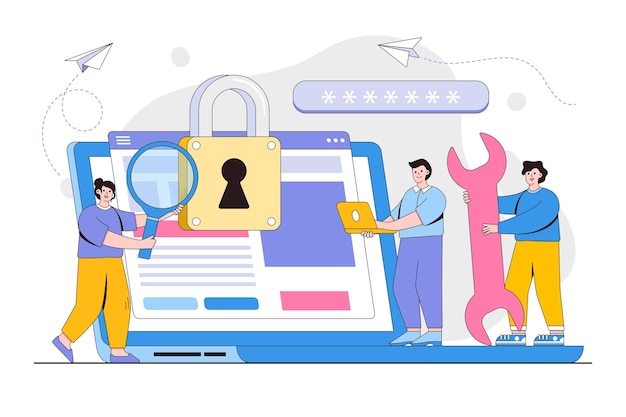 Vector illustration of protecting computer data for a web page coding programming application development with people characters