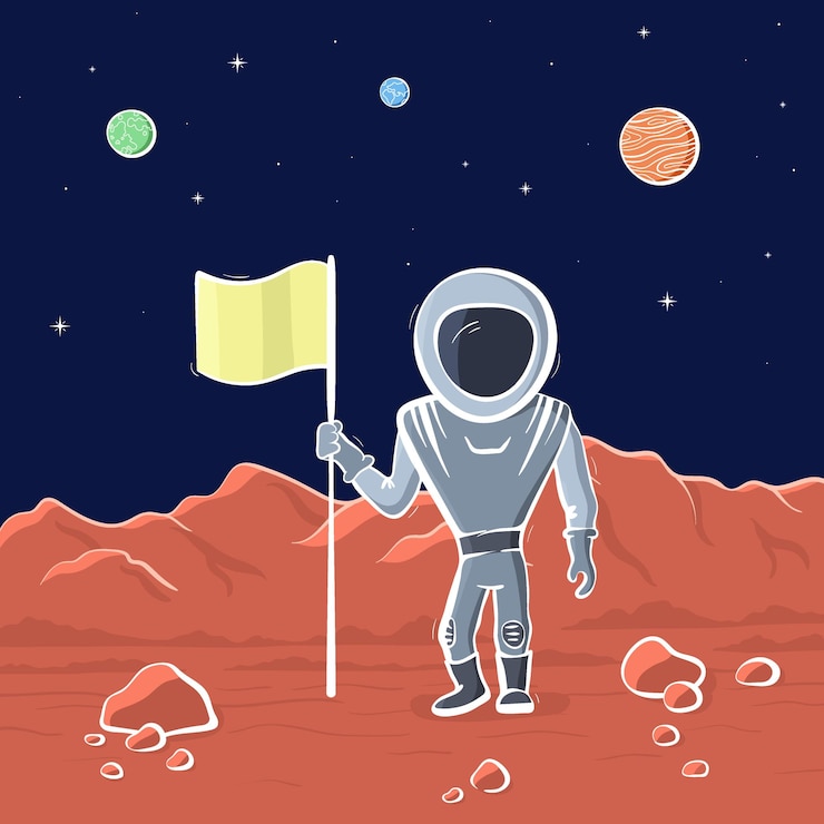 Vektör vector illustration of space rocket launch and astronaut photo on planet