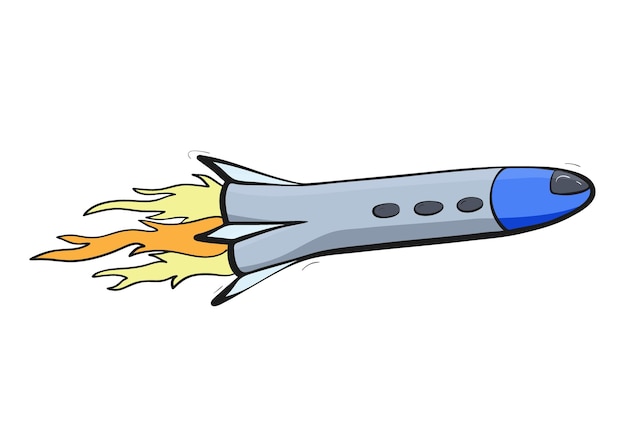 Vector illustration of space ship launch. Rocket start. Doodle cartoon outline space shuttle