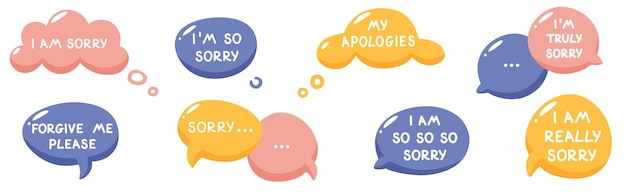 Vector illustration of speech bubble with apology regret Text apology inscription in different