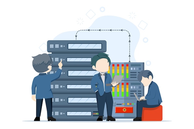 vector illustration of the concept of hardware and software maintenance or technical support