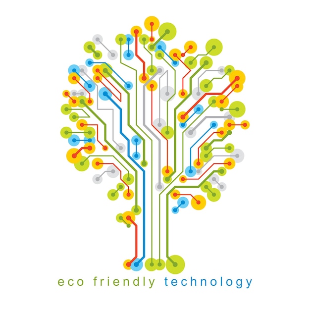 Vector illustration of tree created with wireframe and lines connected as branches. Eco friendly technology concept.