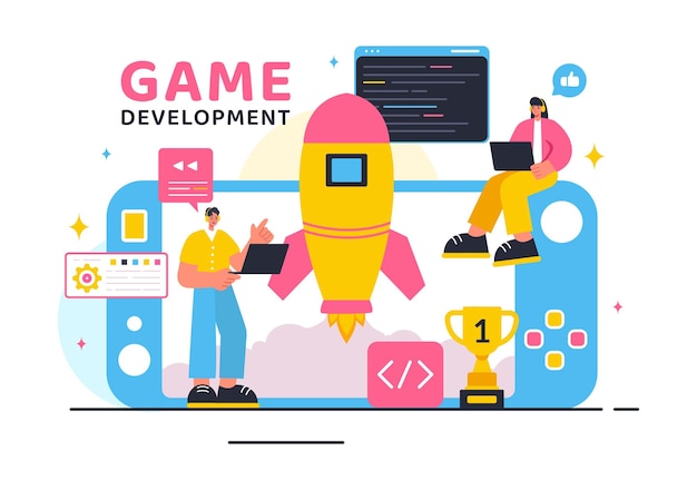 Vector Illustration of Video Game Development with Games Digital Technology Programming and Coding in a Flat Style Cartoon Background