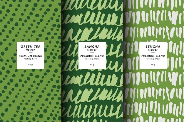 Vector illustration set of templates contemporary abstract cover and patterns for matcha tea packaging with labels Minimal modern backgrounds