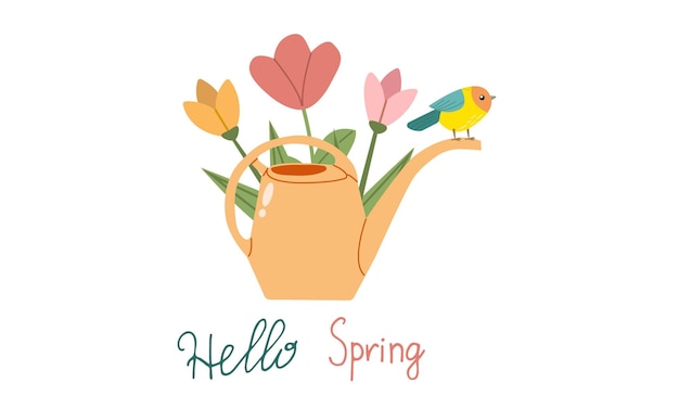 Vector illustration with a beautiful bouquet in the watering can and cute little elements