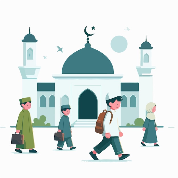 vector image of Muslim children going to the mosque