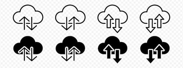 Vector isolated Cloud Upload and Download icon set in black outline and fill
