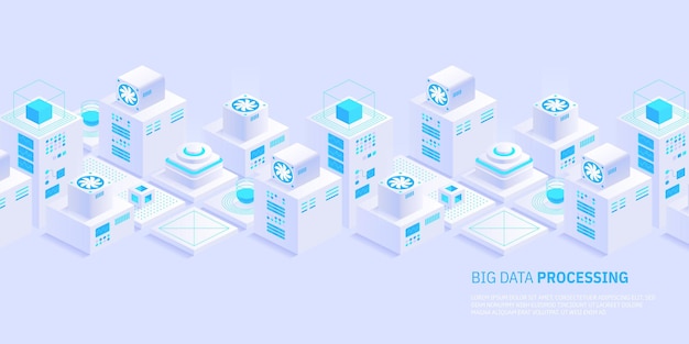 Vector isometric server room Quantum computer Cloud storage data center Web hosting