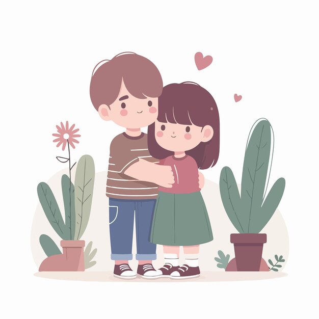 Vector kid couple hugging with a simple and minimalist flat design style