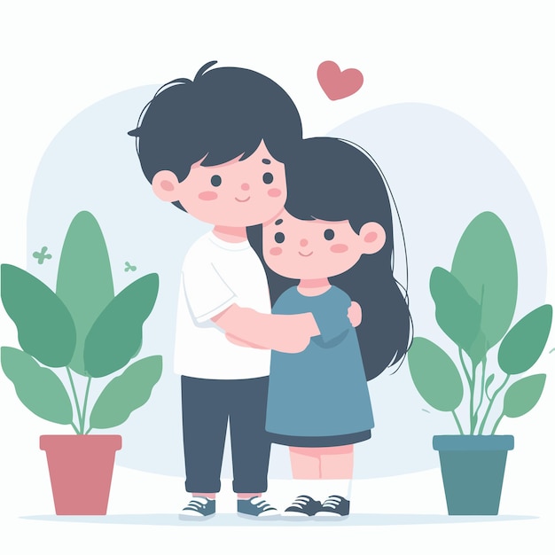Vector kid couple hugging with a simple and minimalist flat design style
