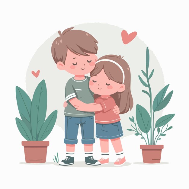 Vector kid couple hugging with a simple and minimalist flat design style